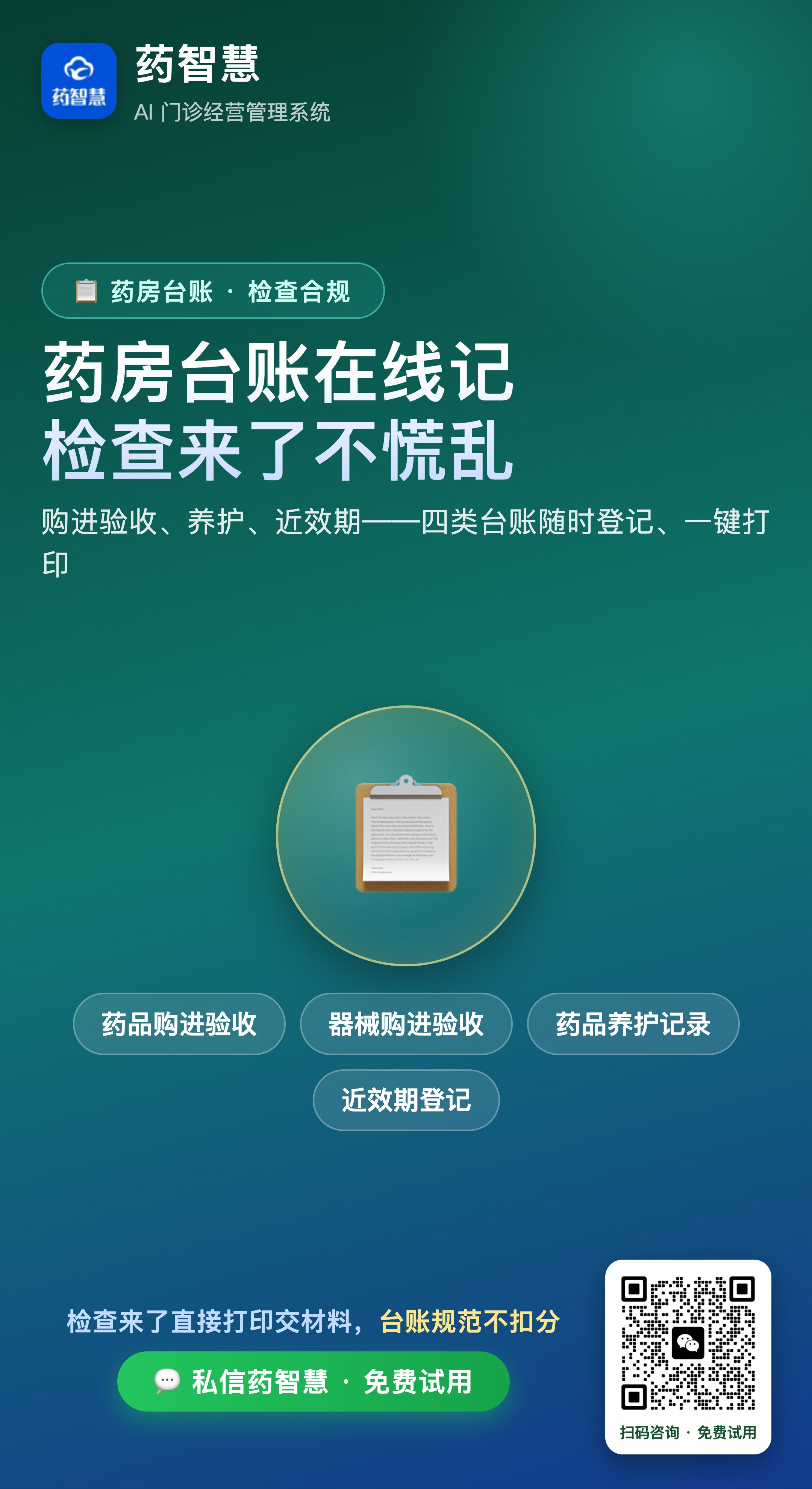 药房台账四大模块：药品购进验收、器械购进验收、药品养护、近效期预警